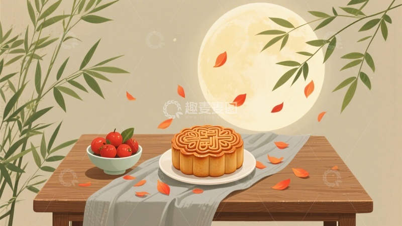 高清大图下载【趣麦麦图】中秋月下的月饼与鲜果插画615