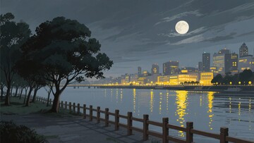 月夜下的城市河畔景观380