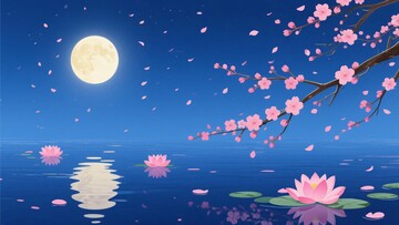 月夜下的樱花与睡莲美景060