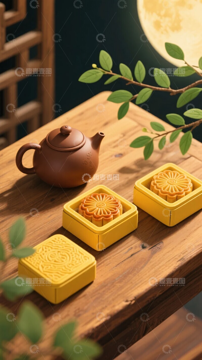 高清大图下载【趣麦麦图】-中式木桌上的月饼与茶具056