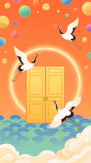 仙鹤祥云环绕双开门插画955