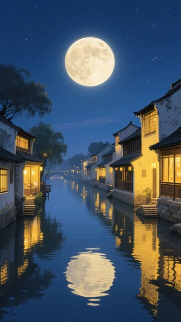 月夜下的水乡静谧景象502
