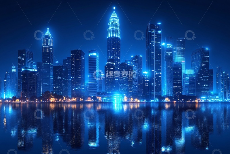 高清大图下载【趣麦麦图】-蓝色夜景城市天际线665