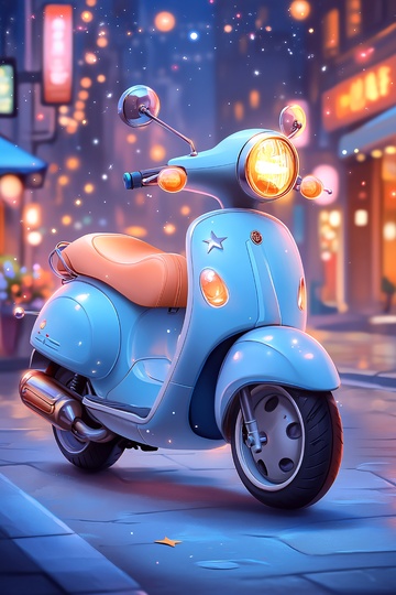 夜色中的蓝色复古摩托车964