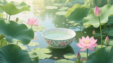荷塘中带花纹瓷碗的唯美画面352