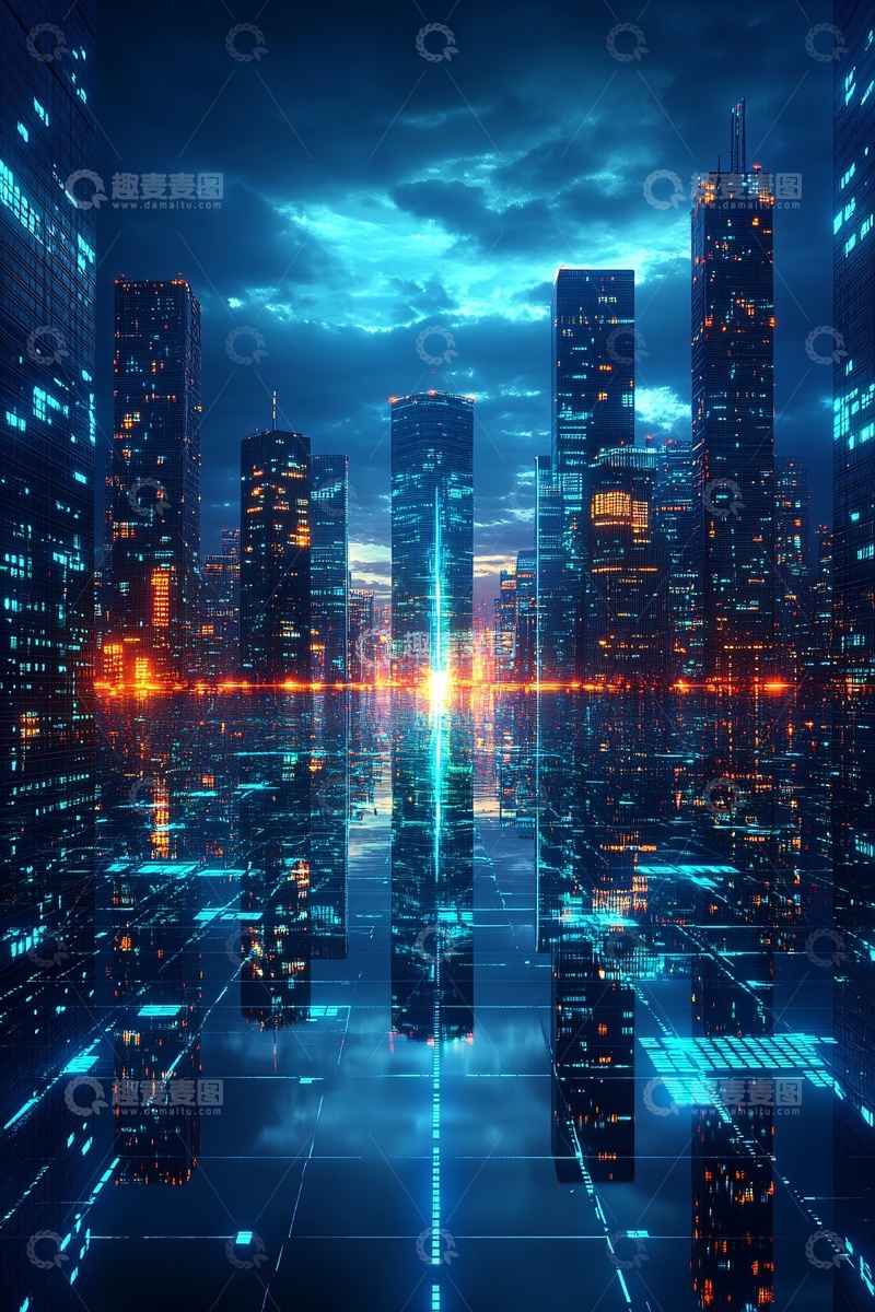 高清大图下载【趣麦麦图】-未来感都市夜景插画659