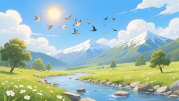 山间河谷飞鸟自然风光插画210