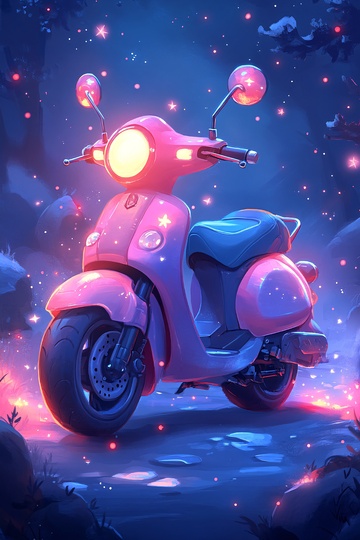 梦幻夜色中的粉色复古摩托车460