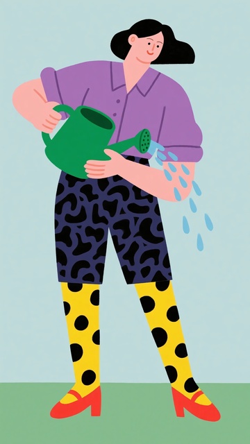 插画中女士持壶浇水画面387