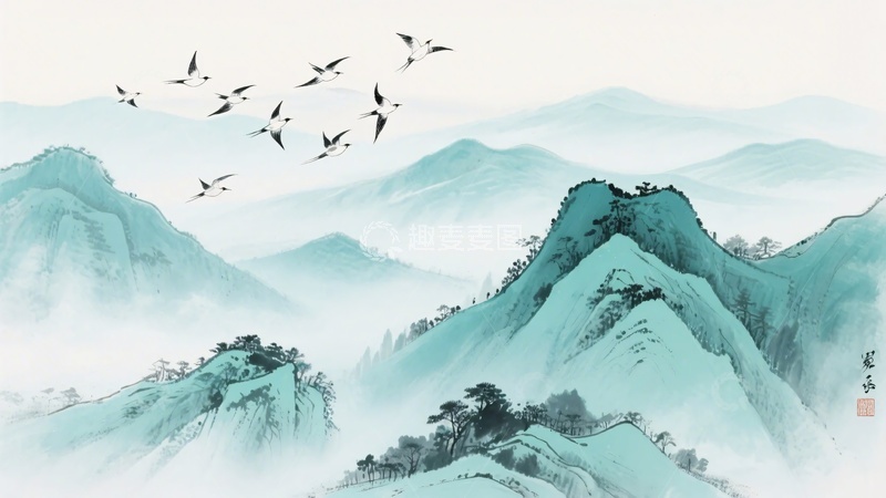 高清大图下载【趣麦麦图】-飞鸟翱翔于青绿山水间515