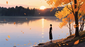 秋日湖畔女子赏景画面537
