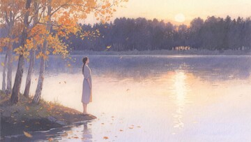 湖畔女子赏黄昏秋景991