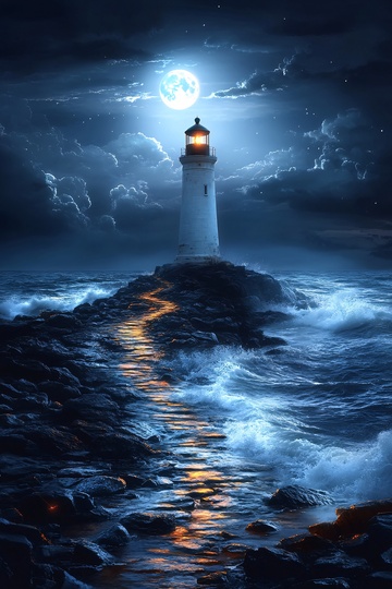 月夜下的海边灯塔景象345