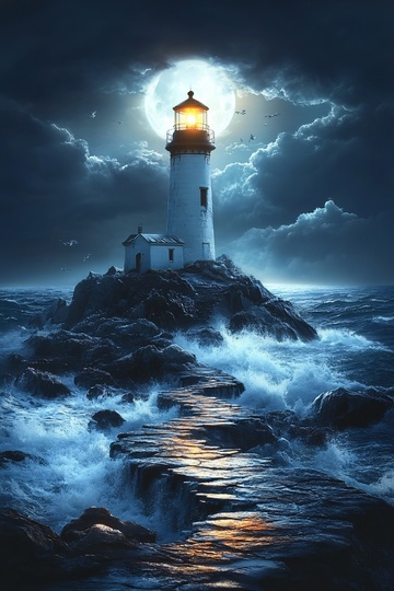 月夜下的海边灯塔518