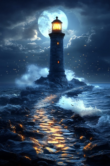 月夜下的海上灯塔971