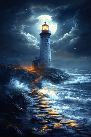 月夜下的海边灯塔景观097