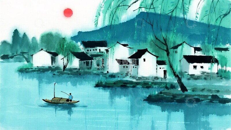 高清大图下载【趣麦麦图】-水墨风格江南水乡风景画528