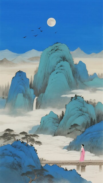 月下女子立于山水间934