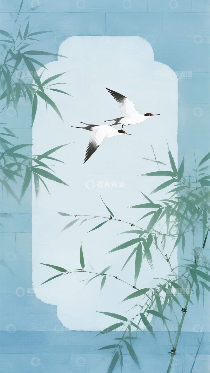 高清大图下载【趣麦麦图】-翠竹间双飞鸟中式图景247