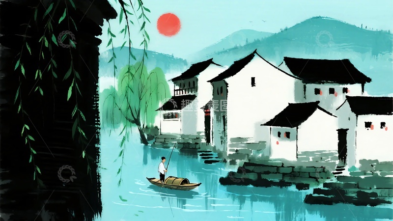 高清大图下载【趣麦麦图】-中式水乡插画风景图632