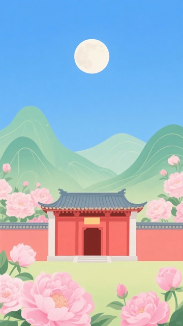 月下中式庭院与盛开牡丹942