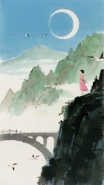女子崖边赏月山水图景268