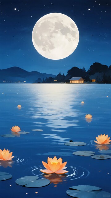 月夜湖面漂浮的睡莲景象411