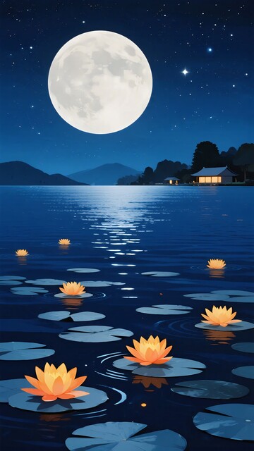 月夜湖面上的莲花美景045