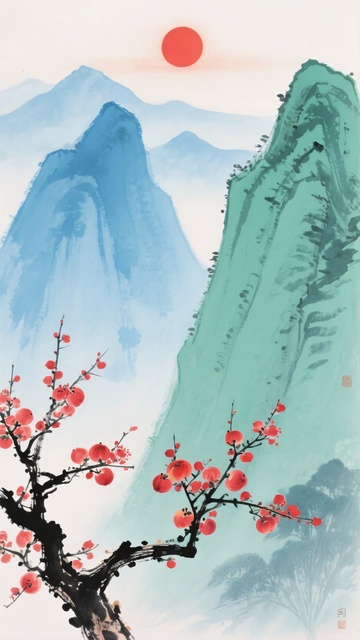 红梅映山景红日悬天际260