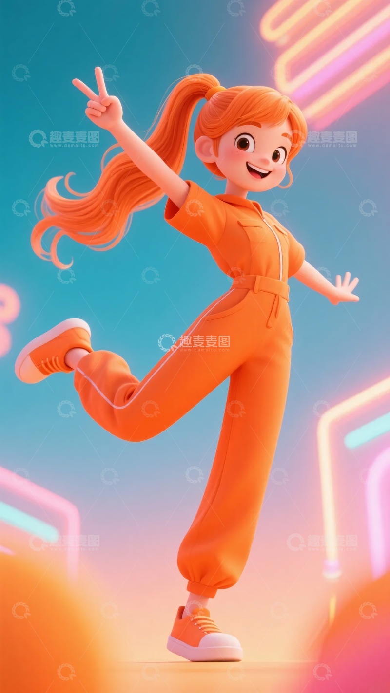 高清大图下载【趣麦麦图】跳跃欢呼的橙色系卡通女孩483
