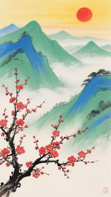 红梅映山景日出图876