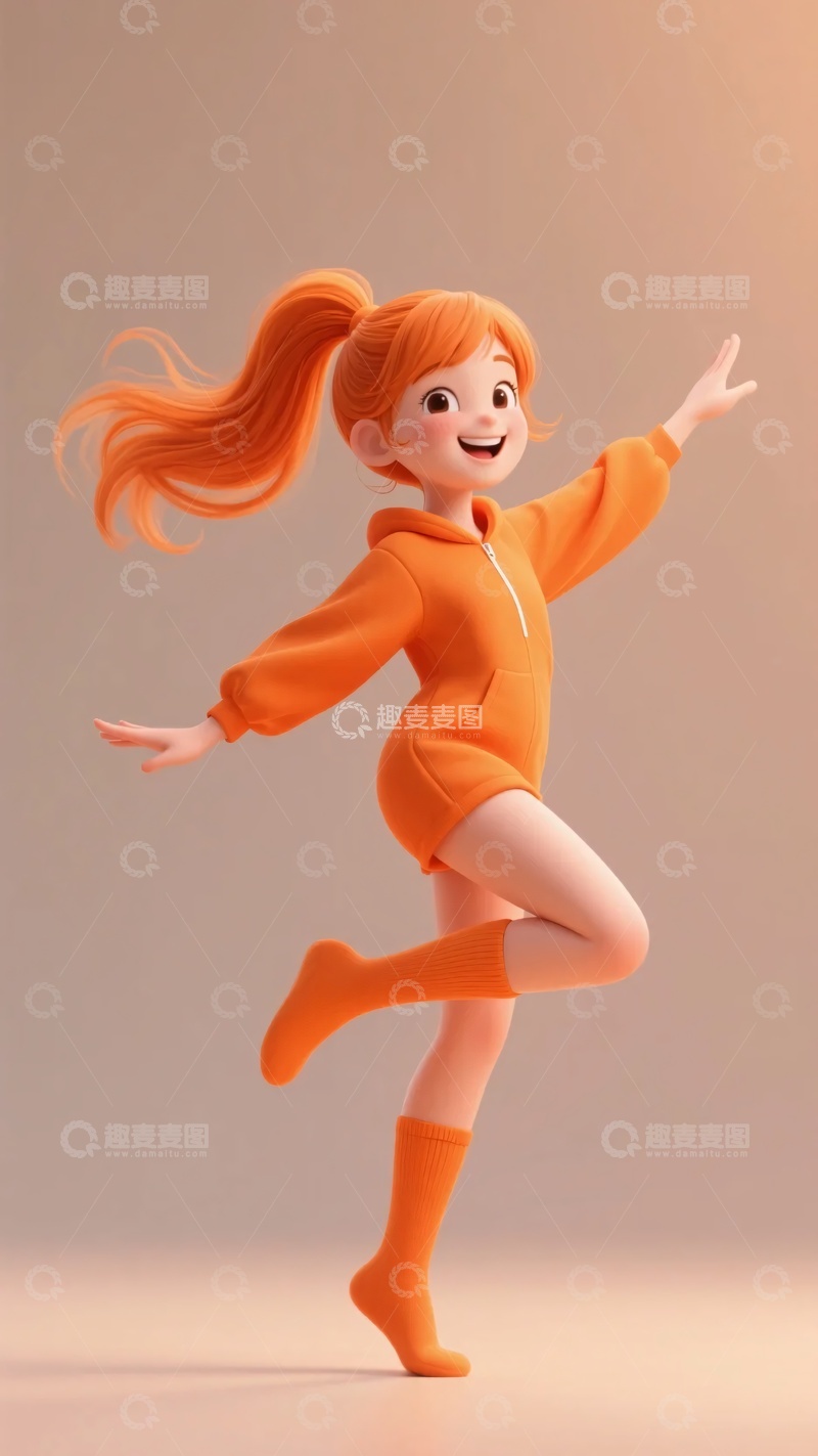 高清大图下载【趣麦麦图】-跳跃的橙色系卡通小女孩942