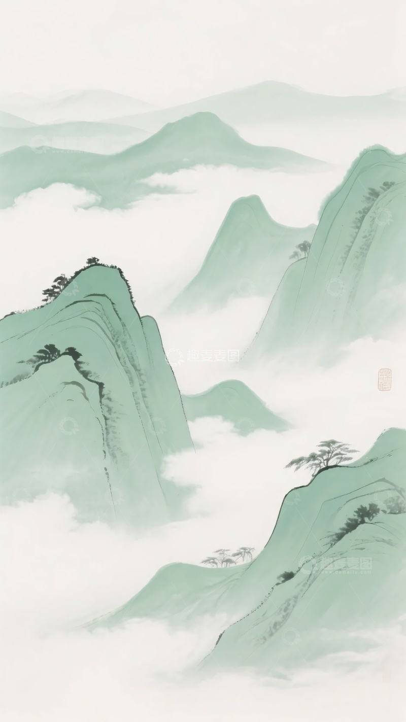 高清大图下载【趣麦麦图】-水墨风格青绿山水图549