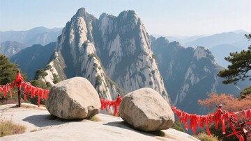 山间巨石与祈福红绸美景793