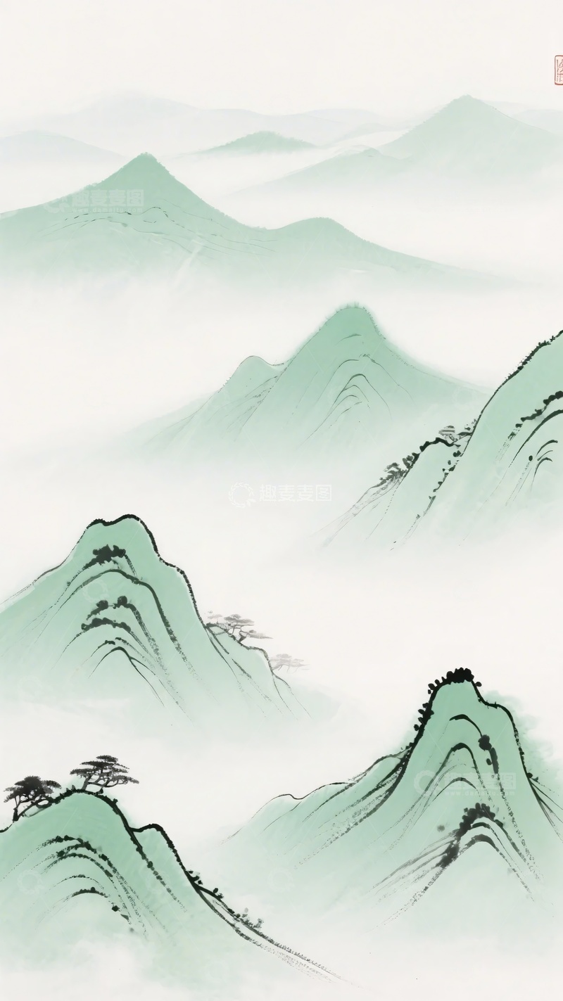 高清大图下载【趣麦麦图】-水墨风格青绿山峦插画562