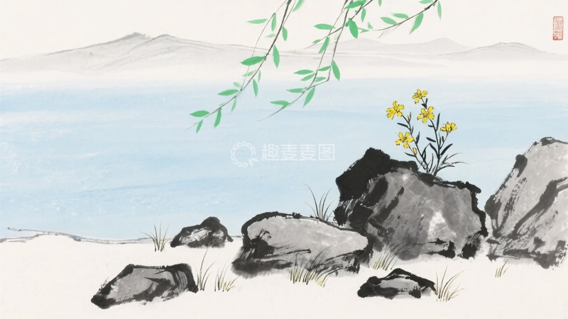 高清大图下载【趣麦麦图】-水墨山水间的花草岩石景致378