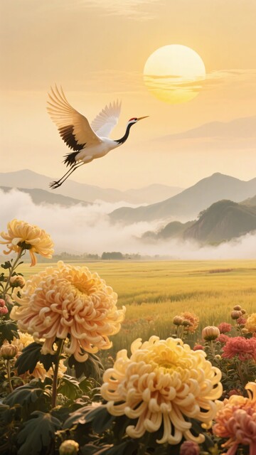 夕阳下仙鹤飞过菊花田703