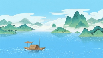 江上小船与青山插画844
