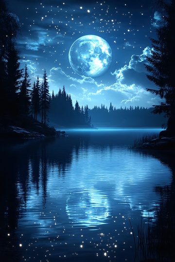 月夜下的静谧森林湖泊250