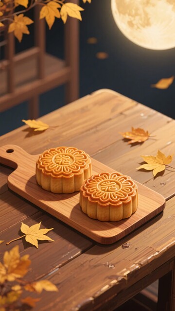 木桌上的双份传统月饼972