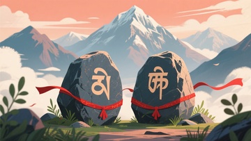 山间刻字巨石风景插画623