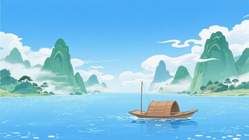 江上小船与山水风景插画049
