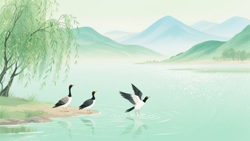 湖畔飞鸟与青山美景341