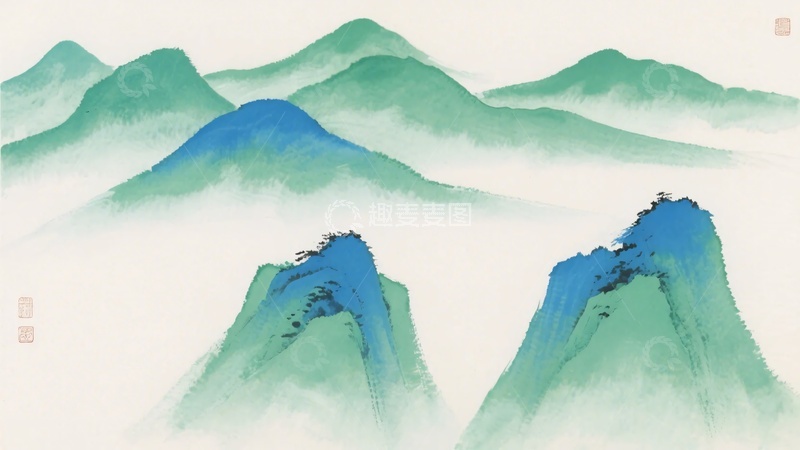 高清大图下载【趣麦麦图】-水墨风格青绿群山插画265