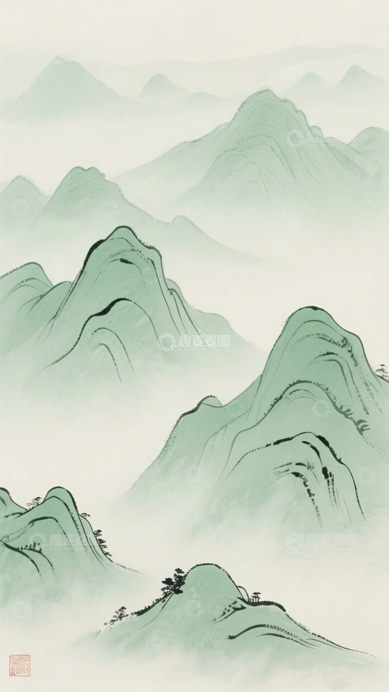 高清大图下载【趣麦麦图】-水墨风格青绿群山插画364