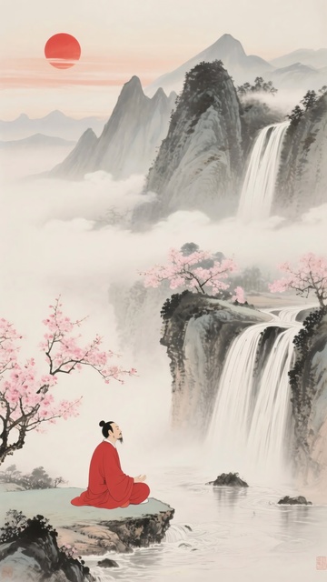 红衣女子赏山水瀑布景致058