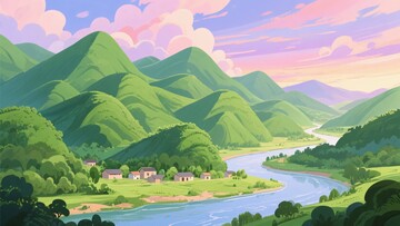 山间河流旁的美丽村落风光480
