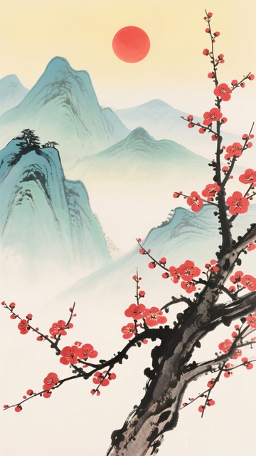 红梅映山景红日悬天际449
