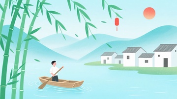 江上竹旁撑船的男子风景图539