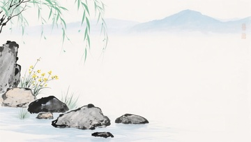 水墨风山水柳树石头图景653